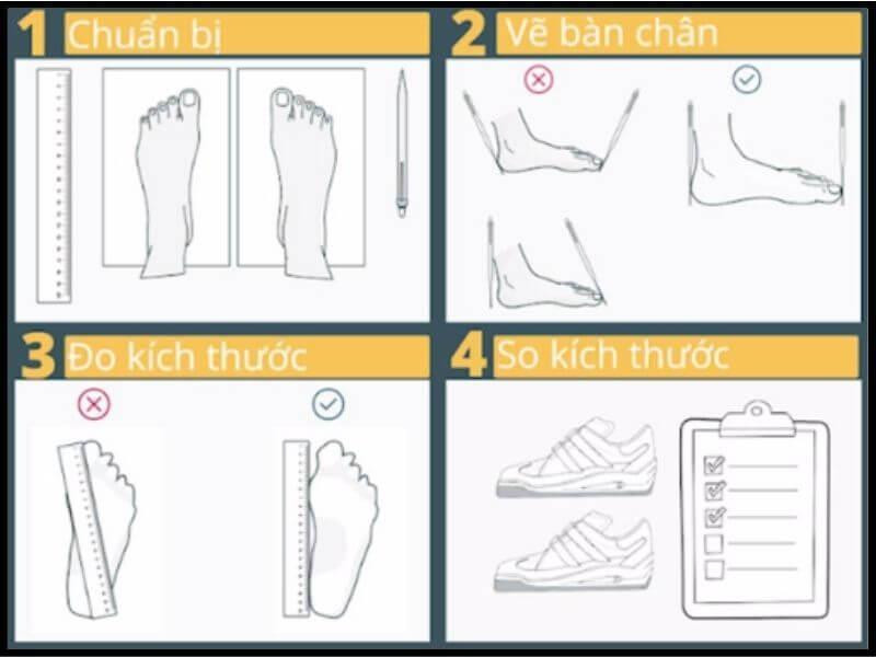 Hình ảnh minh họa các bước đo kích thước bàn chân nữ một cách cẩn thận