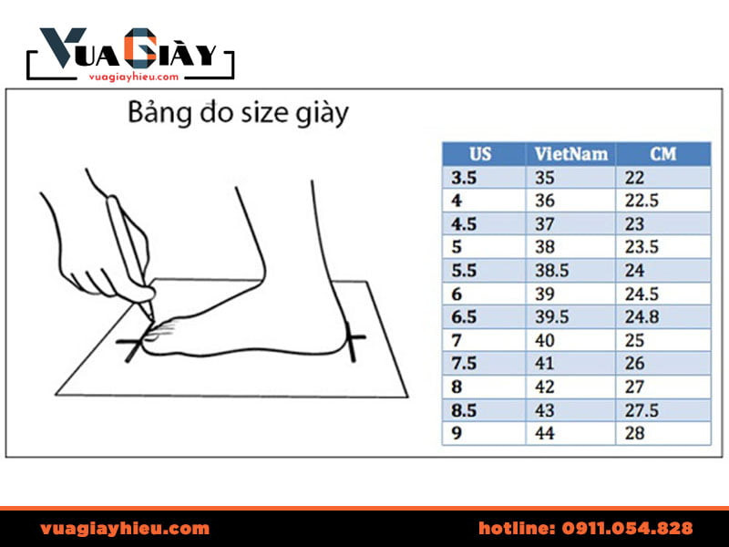 Hình ảnh minh họa các loại bàn chân và bảng size giày LV chuẩn.