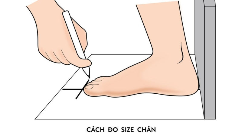 Hình ảnh minh họa quá trình đo chiều dài bàn chân bằng giấy và bút chì, một cách đo size giày không cần thước