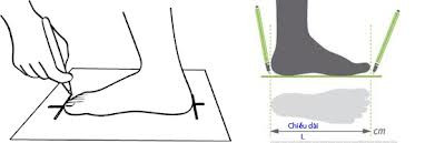 Hình minh họa cách đánh dấu chiều dài (L) và chiều rộng (N) của bàn chân trên giấy khi đo size giày thể thao.