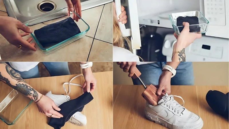 Hơ giày sneaker bằng khăn ấm để làm mềm da trước khi định hình bằng shoe tree