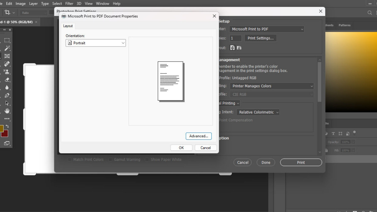 Hộp thoại Print Settings trong Photoshop, tùy chọn Advanced được chọn
