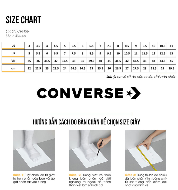 Hướng dẫn đo size chân giày với bảng size Converse quốc tế