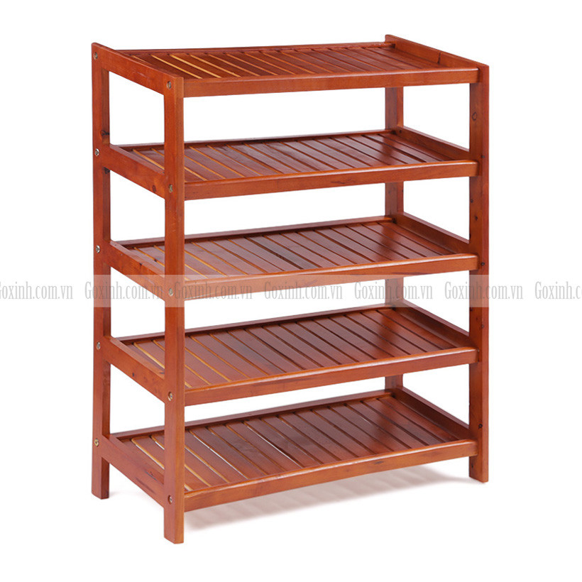 kệ để giày dép bằng gỗ 5 tầng màu tự nhiên, đặt trong không gian hiện đại