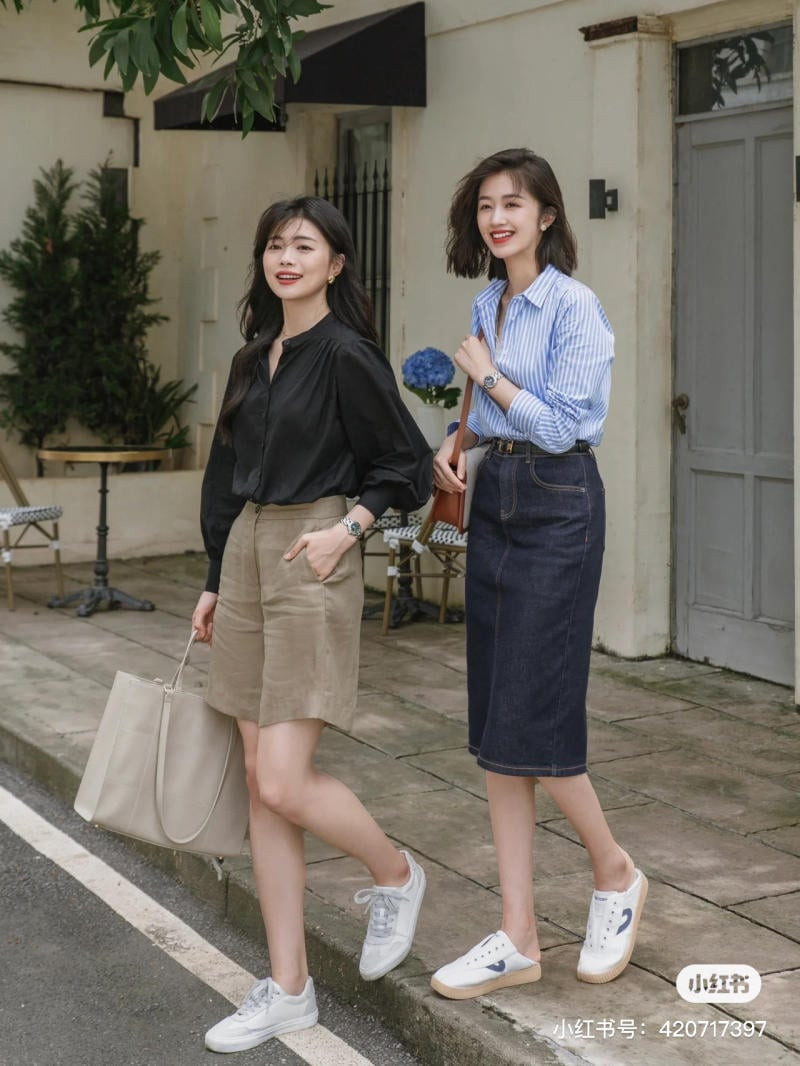 Kết hợp giày sneaker nữ cùng chân váy jean dài thanh lịch