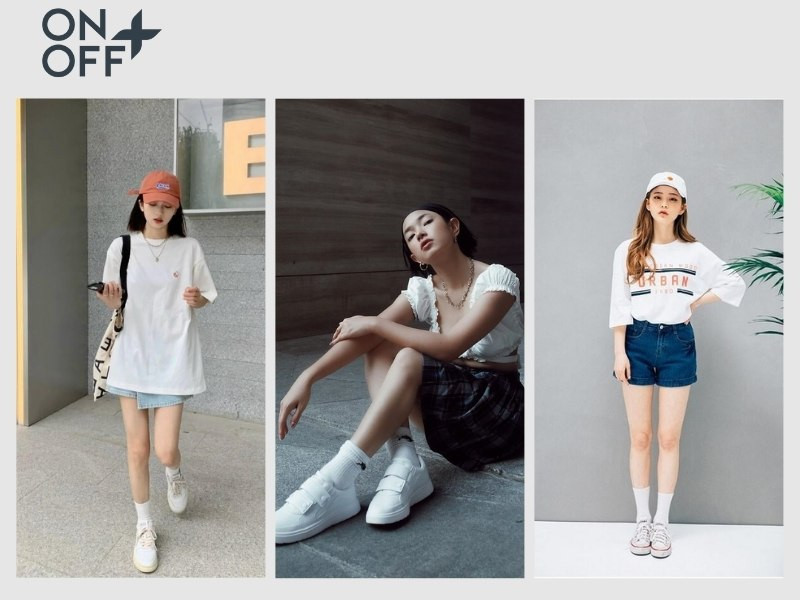 Kết hợp tất trắng cổ cao với giày thể thao nữ
