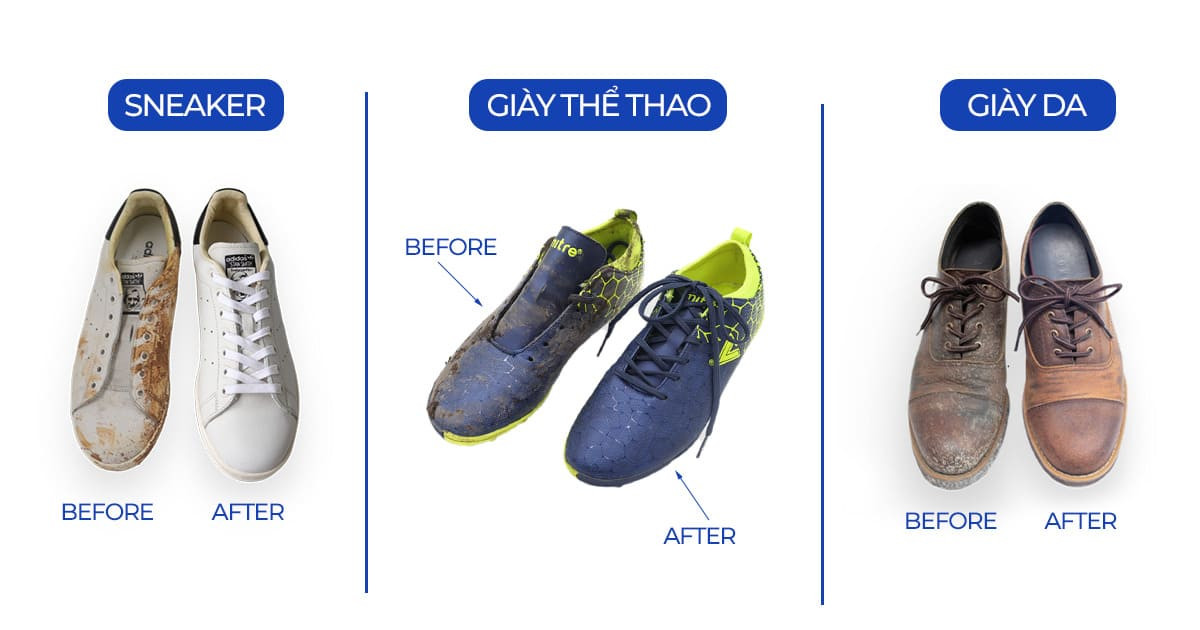 Kết quả trước và sau khi sử dụng dịch vụ vệ sinh giày sneaker chuyên nghiệp