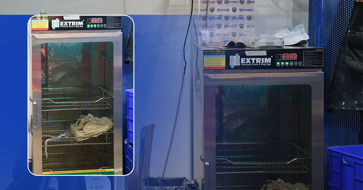Khử khuẩn bằng tủ sấy UV chuyên dụng trong dịch vụ vệ sinh giày sneaker