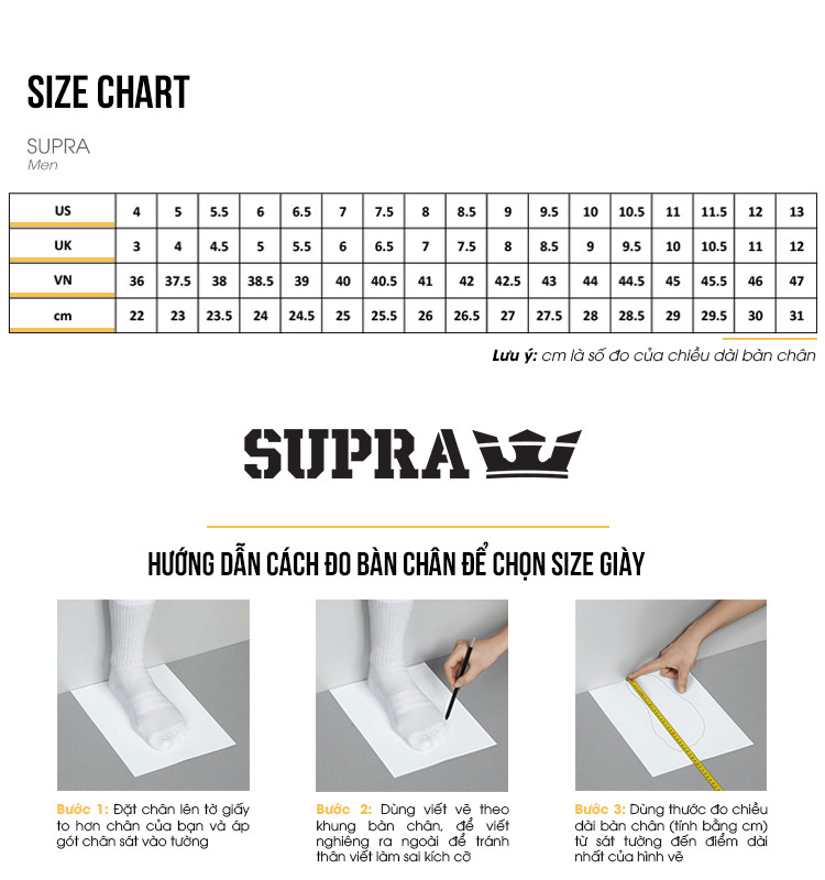 Kích thước size giày SUPRA dành cho nam giới