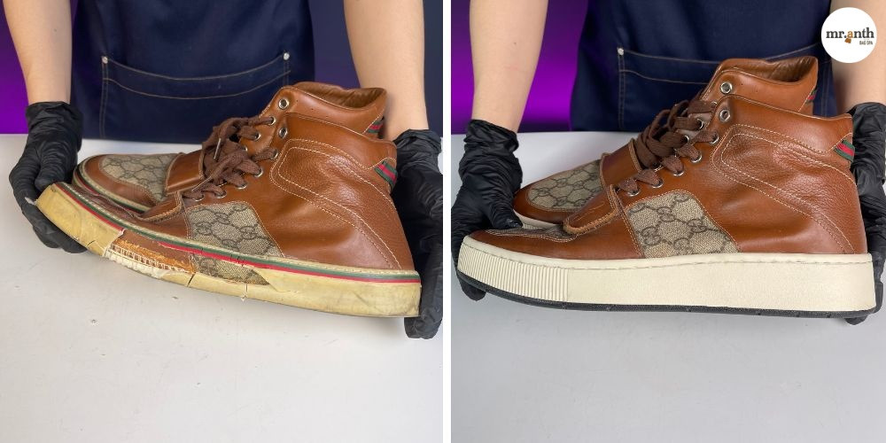 Kỹ thuật viên tại Khanh Sửa Giày Thể Thao đang kiểm tra và đánh giá tình trạng hư hỏng của một đôi sneaker