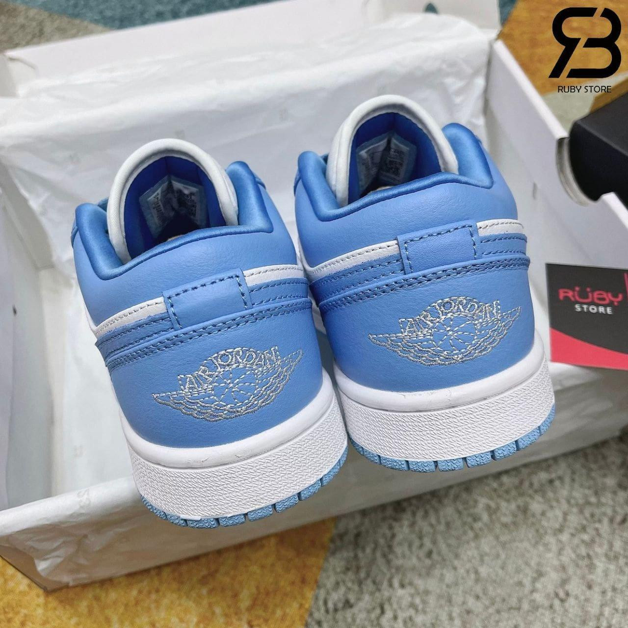 Logo Air Jordan Wings dập nổi tinh tế trên gót giày Jordan 1 xanh dương