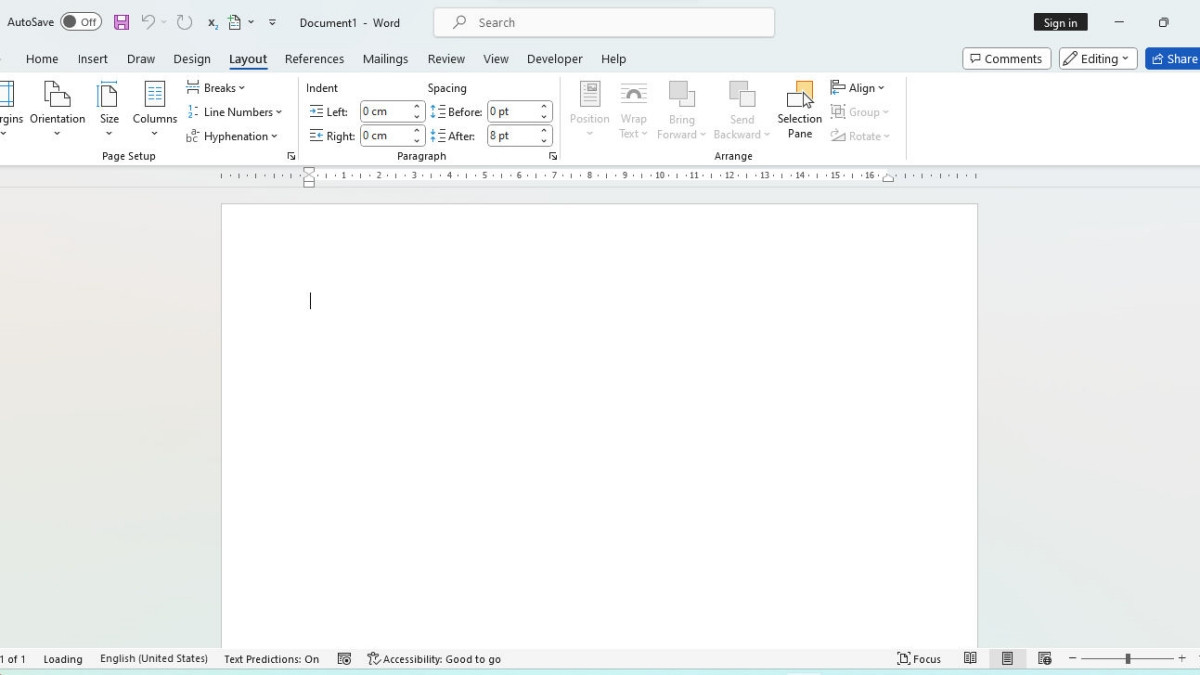 Màn hình cài đặt Page Setup trong Word, hiển thị thẻ Layout và mũi tên mở rộng cài đặt trang