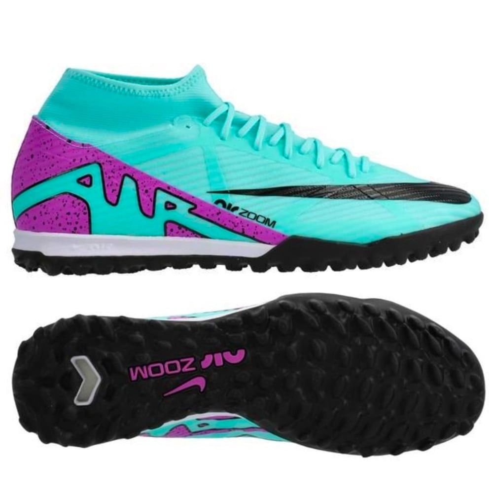 Mẫu giày đá bóng cao cổ Nike Superfly 9 TF phối màu xanh lơ và tím
