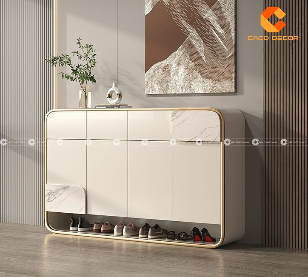 Mẫu tủ giày dép hiện đại màu trắng tinh tế cho không gian nhỏ