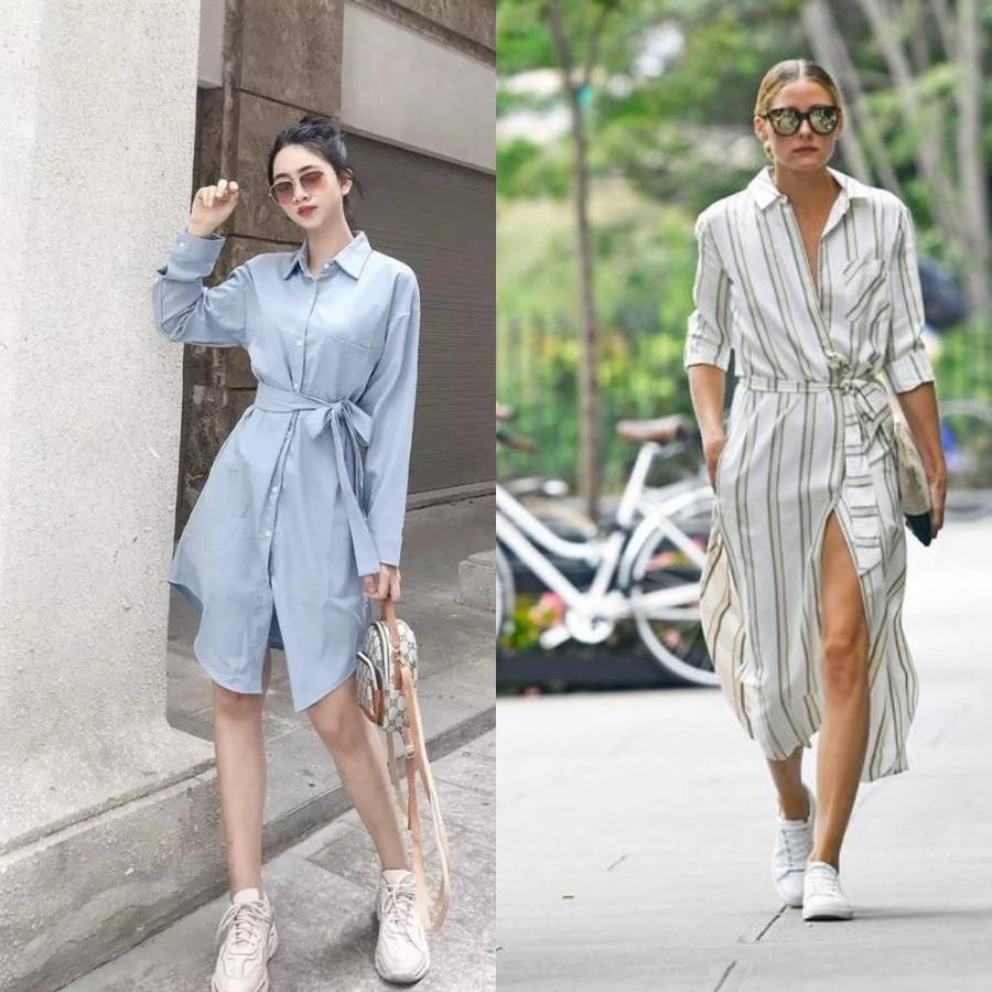 Mix giày sneaker trắng với váy sơ mi kẻ sọc dọc tạo vẻ thanh lịch, hiện đại