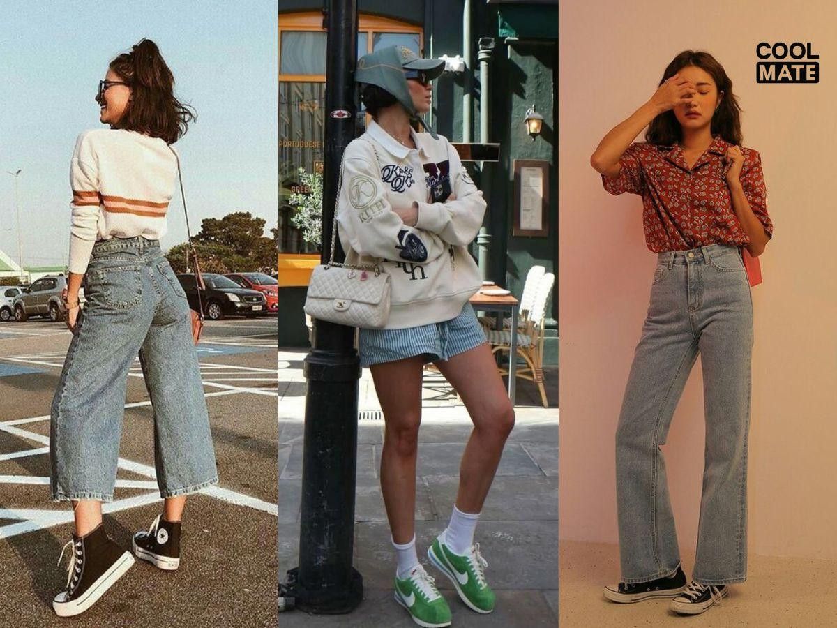 Mix giày thể thao nữ với trang phục vintage tạo nét hoài cổ cuốn hút