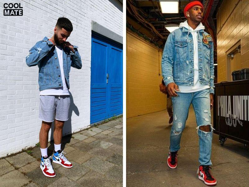 Một cô gái mặc áo khoác denim, quần jean và giày Jordan trắng