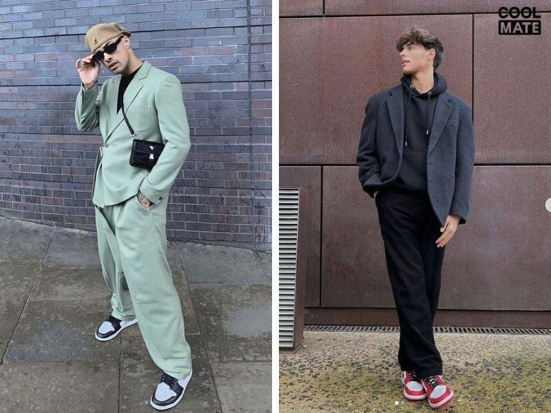 Một cô gái mặc blazer kẻ sọc, áo phông trắng và giày Jordan cổ cao