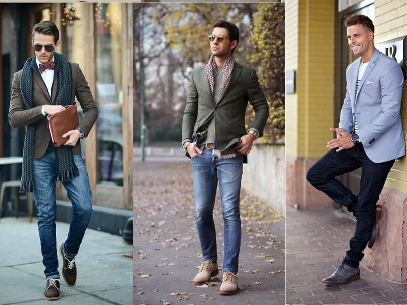 Nam giới phối giày Derby da đen với quần jean slim-fit màu xanh đậm