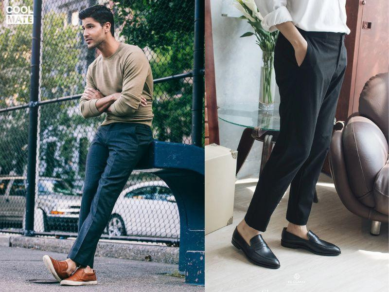 Người đàn ông kết hợp quần âu xám với giày lười đen, tạo vẻ ngoài thoải mái nhưng vẫn sang trọng.