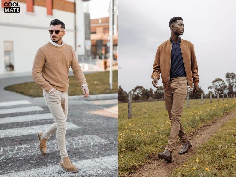 Người đàn ông mặc áo sơ mi trắng, quần âu đen và giày Chelsea Boots, phong cách mạnh mẽ và thời thượng.