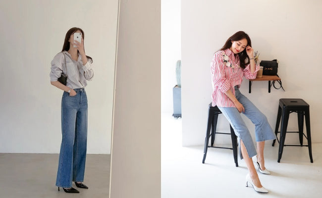 Người mẫu nữ diện quần jean ống rộng màu be phối cùng giày cao gót mũi nhọn và áo sơ mi trắng, tạo vẻ ngoài sang trọng, thanh lịch