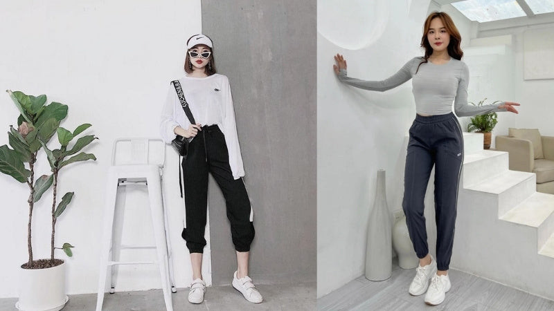 Người mẫu nữ phối giày thể thao trắng cùng quần jogger màu trung tính và áo croptop