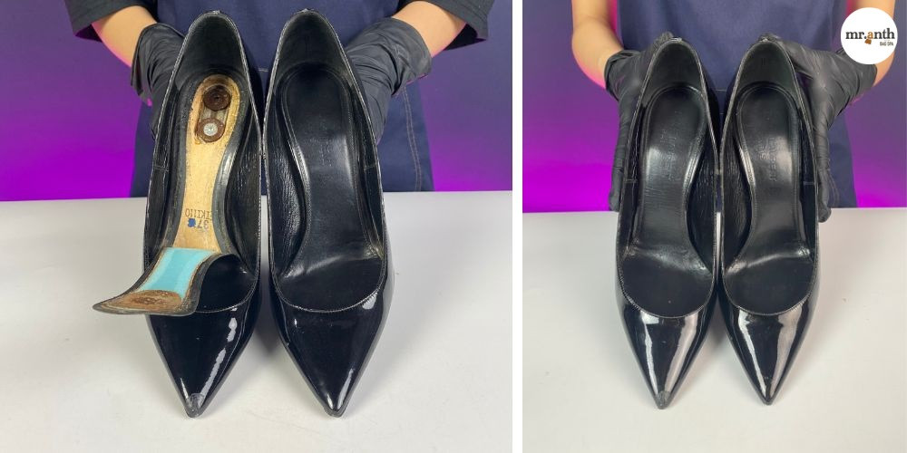Nhiều đôi giày hàng hiệu bị hư hại và các dụng cụ sửa chữa cho thấy rủi ro khi chọn nơi sửa giày kém chất lượng