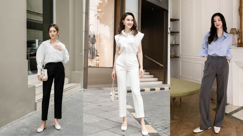 Nữ giới kết hợp quần âu ống suông với giày Mules hở gót, mang lại vẻ ngoài thanh lịch và nữ tính.