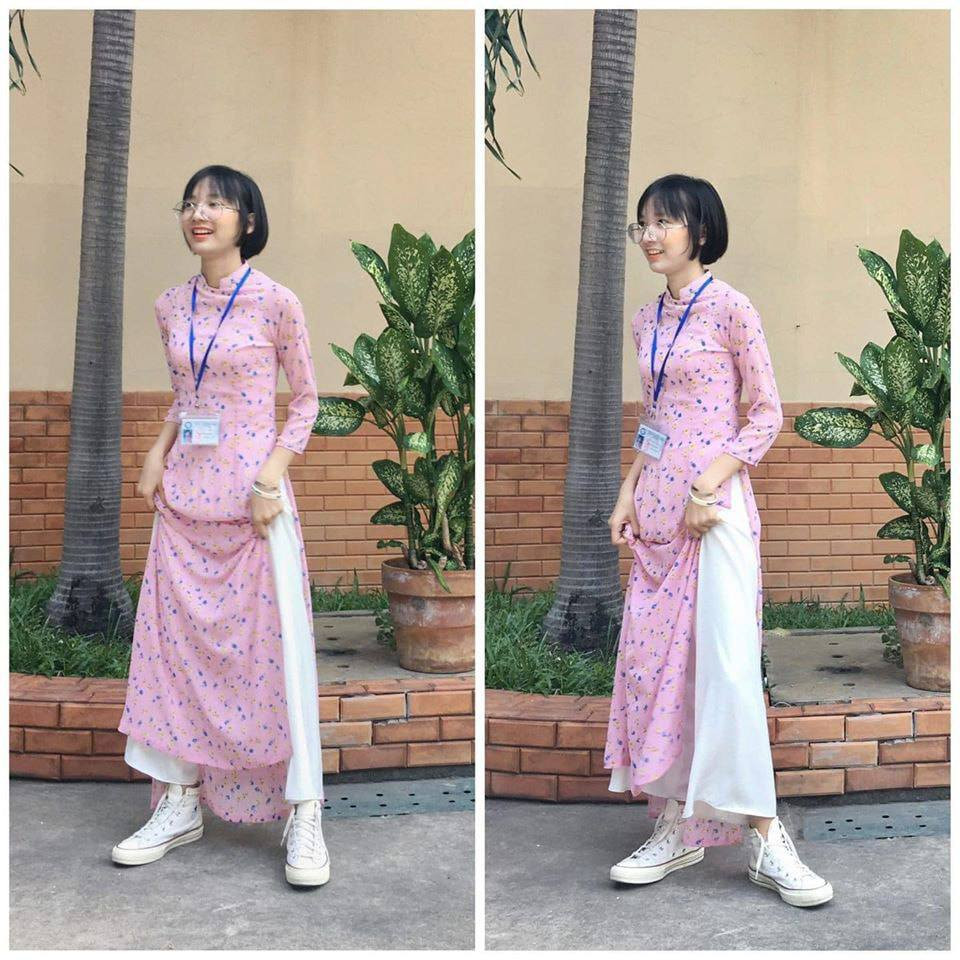 nữ sinh mặc áo dài với giày thể thao trắng