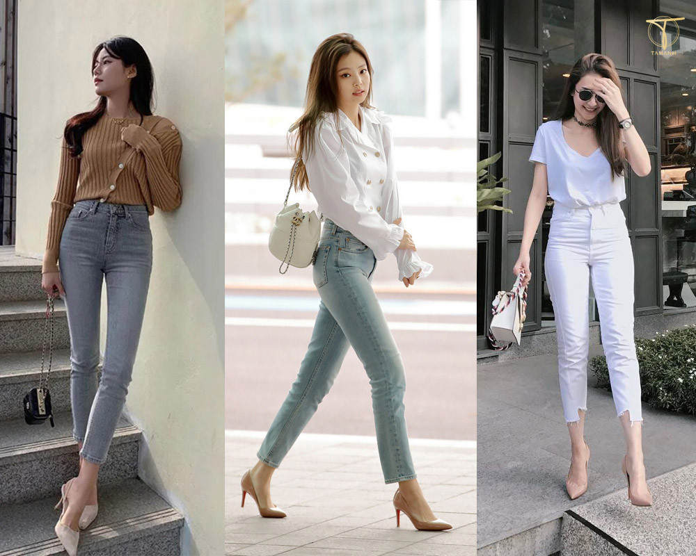 Nữ sinh trong tà áo dài xanh ngọc, đội nón lá, đi giày cao gót màu be chụp ảnh kỷ yếu