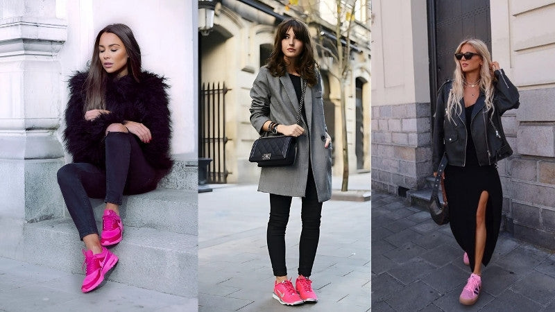 Outfit đen kết hợp giày thể thao màu hồng nổi bật và túi xách cùng tông
