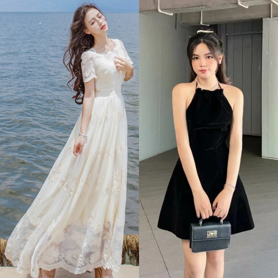 Phối đầm suông đen cùng giày cao gót buộc dây giúp kéo dài đôi chân