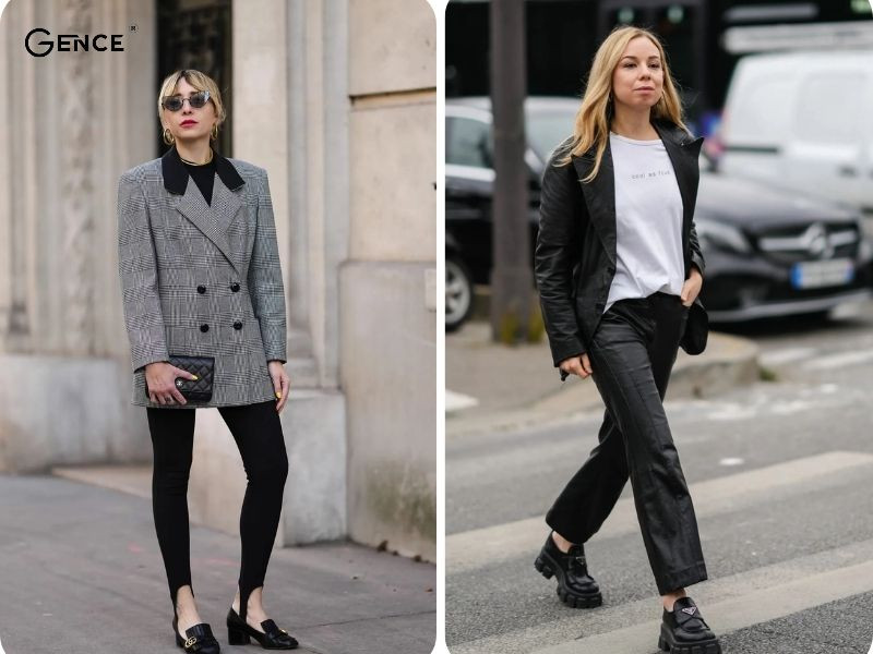 Phối đồ với giày lười đen, áo blazer và quần tây