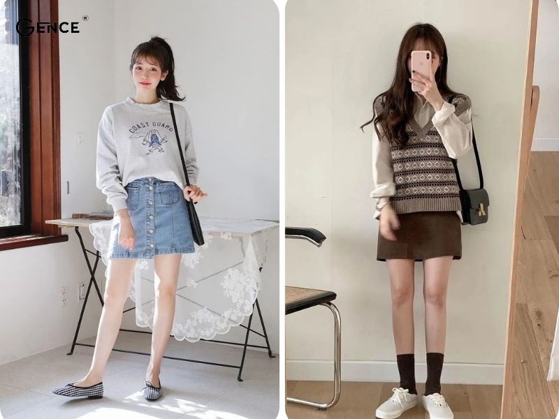 Phối đồ với giày lười nữ và chân váy xếp ly ngắn cùng áo len gile