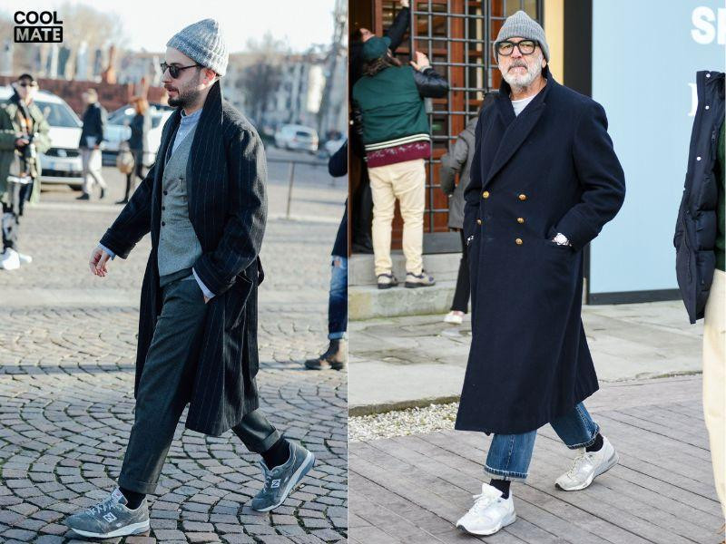 Phối đồ với giày New Balance nam và áo khoác dài, tạo nên outfit ấn tượng và thời thượng