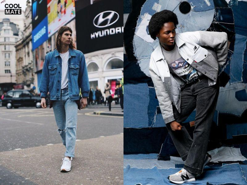 Phối đồ với giày New Balance nam và áo khoác denim, tạo vẻ ngoài cá tính và bụi bặm