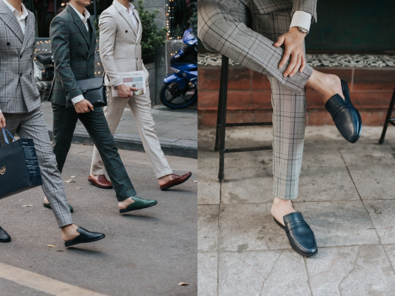 Phối đồ với giày sục nam và bộ vest tạo phong cách thanh lịch.