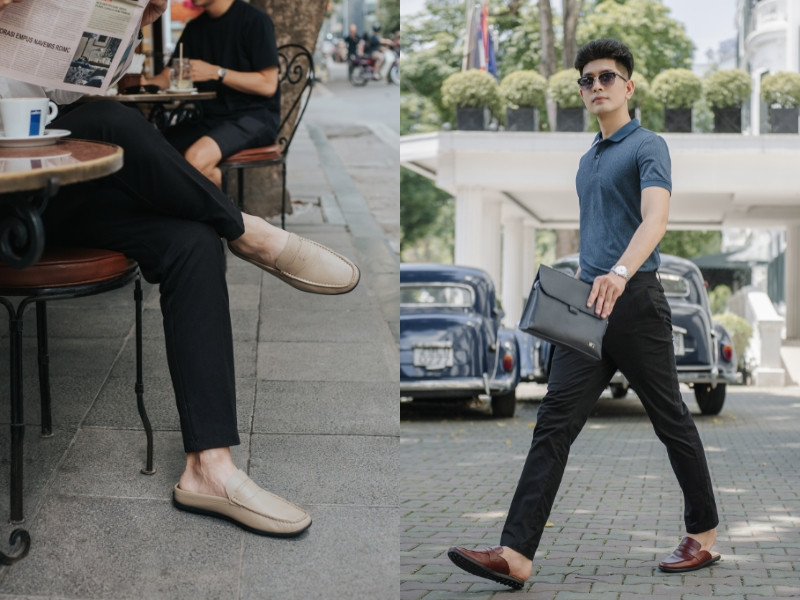 Phối đồ với giày sục nam và quần tây cho vẻ ngoài lịch lãm.