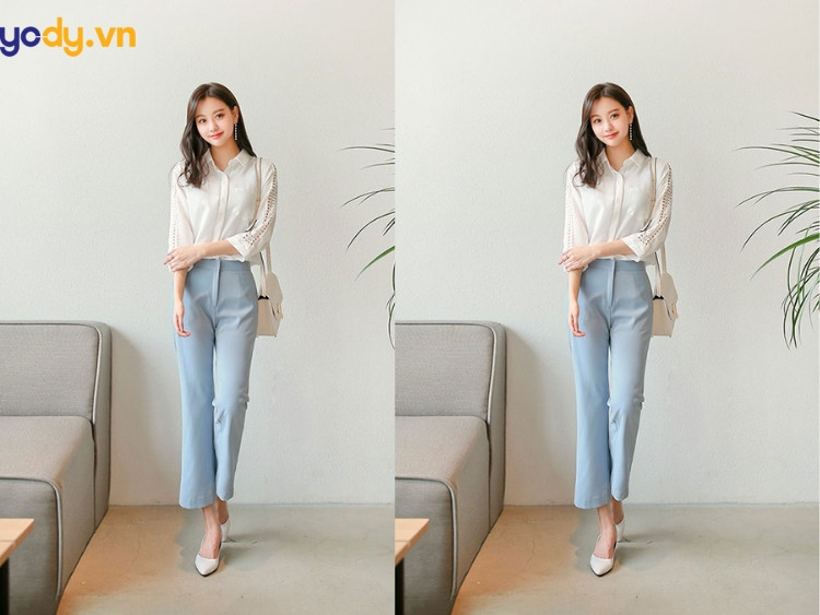 Phối đồ với giày sục nữ cùng áo sơ mi, quần cạp cao