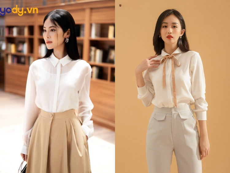 Phối đồ với giày sục nữ cùng sơ mi cổ đức