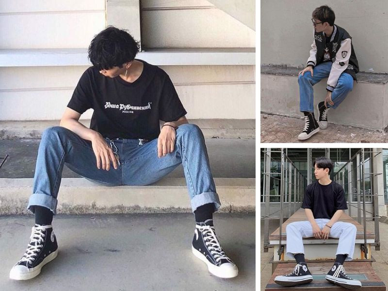 Phối đồ với giày thể thao nam cổ cao cùng quần jeans và áo thun