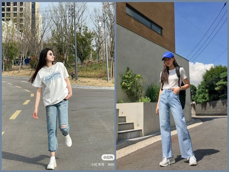 Phối đồ với giày thể thao trắng nữ cùng quần jeans