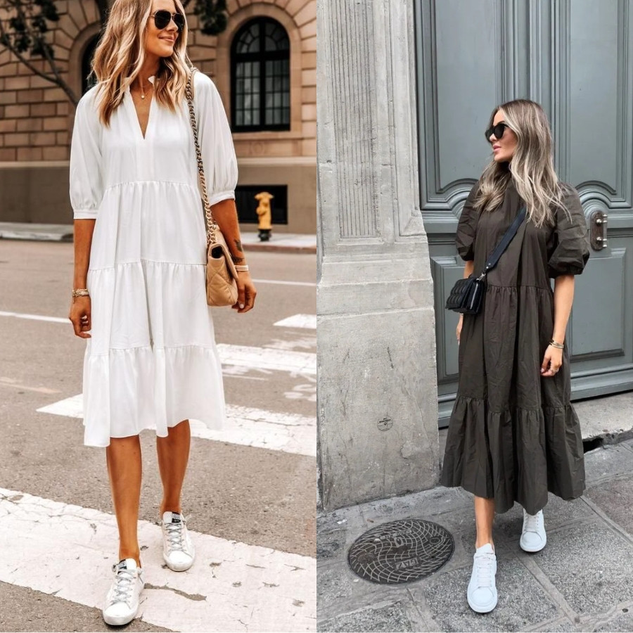Phối giày sneaker cổ thấp màu trắng với váy xòe họa tiết nhẹ nhàng