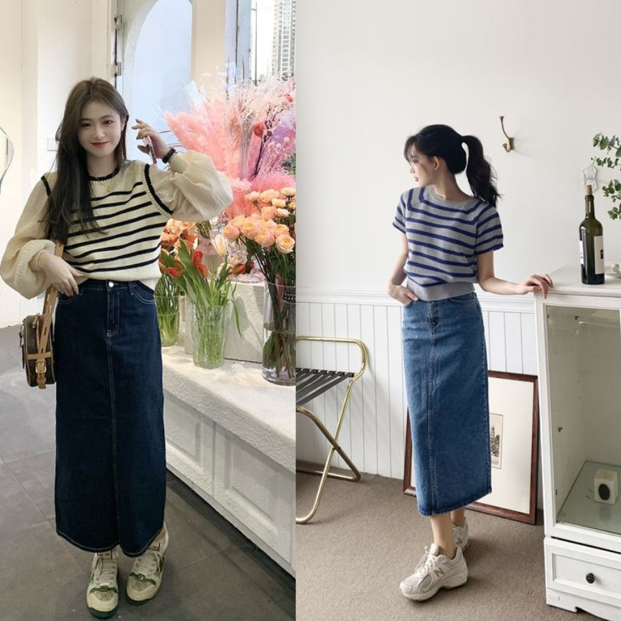 Phối giày sneaker cùng chân váy jean dài và áo sơ mi denim tạo phong cách bụi bặm