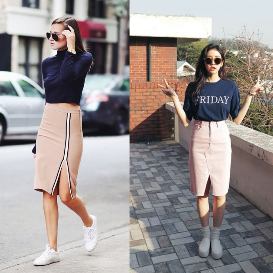 Phối giày sneaker đen với chân váy bút chì da thanh lịch, tạo điểm nhấn cá tính