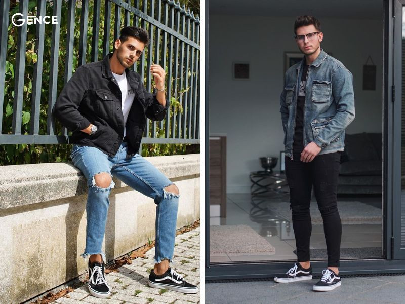 Phối giày sneaker nam cùng set denim bụi bặm