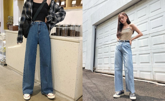 Phối giày sneaker trắng với quần jean ống suông nữ sành điệu