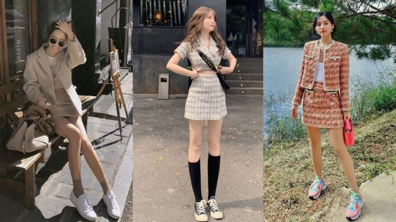 Phối giày thể thao cùng áo khoác dạ và váy ngắn
