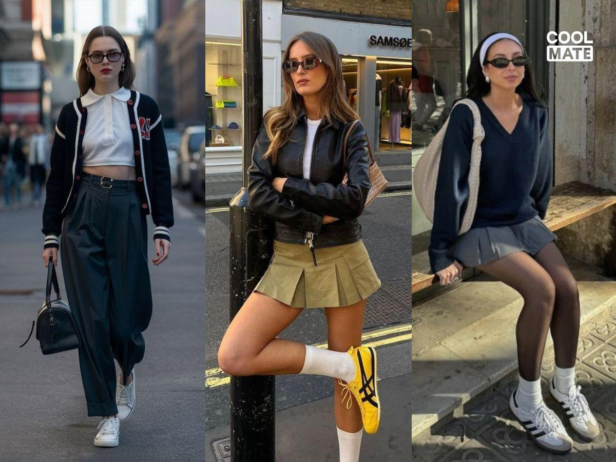 Phối giày thể thao nữ cùng chân váy xếp ly chuẩn phong cách preppy